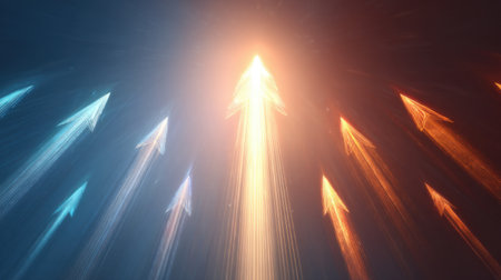 A visually captivating composition featuring colorful arrows pointing upward, symbolizing growth and forward momentum in a dynamic and futuristic abstract design.の素材