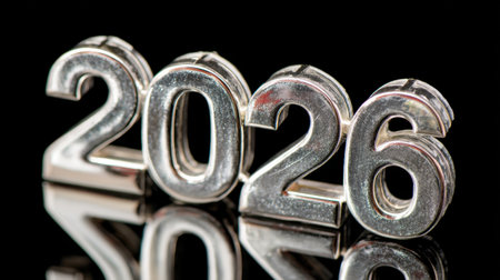 Shiny metallic numbers showcasing the year 2026 create a reflective and modern aesthetic against a black background, perfect for themes of celebration and time.の素材