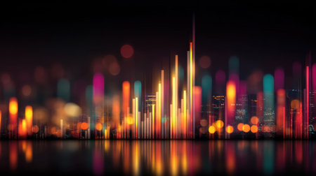 Artistic representation of data trends in a vibrant urban setting. Colorful bars reflect business insights and statistics amidst bright city lights at night.の素材