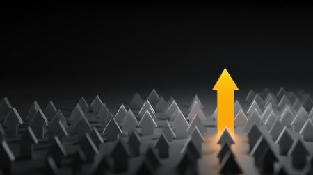 An abstract visual showcasing a bright arrow standing out among geometric shapes, symbolizing growth, progress, and the journey toward success in a dark atmosphere.の素材