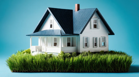A charming model house features a blue roof and white siding, set on vibrant green grass against a bright blue backdrop, ideal for real estate and home decor projects.の素材