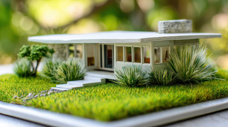 This image showcases a beautifully crafted miniature model of a modern house with lush greenery and vibrant plants, perfect for showcasing architectural design and creativity.の素材
