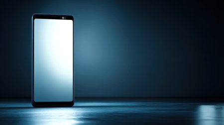 A sleek smartphone stands against a dark background, featuring a blank screen ideal for showcasing app designs or digital content. Perfect for creative presentations.の素材