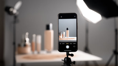 This image showcases a mobile phone capturing makeup products arranged artistically in a studio, featuring soft lighting and a blurred background for an elegant aesthetic.の素材