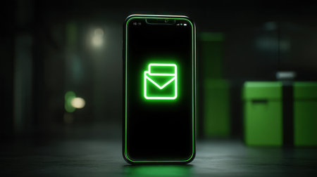 A modern smartphone displays a glowing email icon on its screen within a dark setting, emphasizing sleek design and advanced communication technology.の素材
