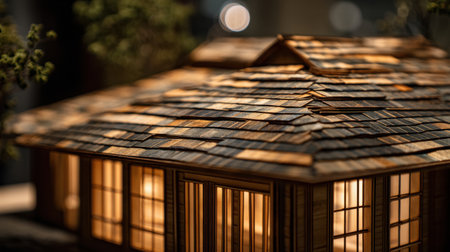A beautifully crafted miniature wooden house with intricate roof shingles and inviting illumination, perfect for showcasing artistic craftsmanship and design.の素材