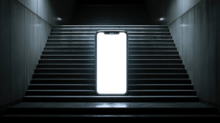 This striking image features a large smartphone on a staircase, illuminated by ambient light, showcasing a minimalist design in a modern architectural environment.の素材