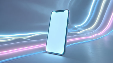 A blank smartphone sits on a smooth surface, surrounded by glowing neon light trails. This composition highlights modern technology and creative digital art.の素材