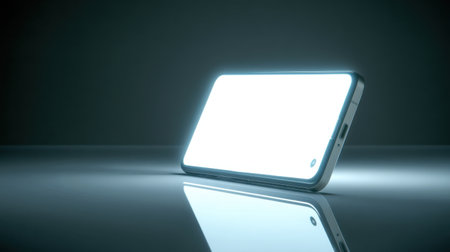 A modern smartphone radiates a soft glow against a reflective surface, emphasizing its sleek design and innovative technology in a dark setting, perfect for digital aesthetic.の素材