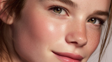Beautiful close-up portrait of a young woman showcasing her healthy skin, natural makeup, and charming freckles, capturing the essence of youthful beauty and elegance.の素材