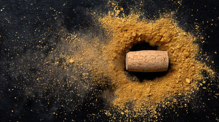 Artistic depiction of a cork resting in a mound of fine powder on a dark background, symbolizing celebration, wine culture, and the sensory experience of flavor.の素材