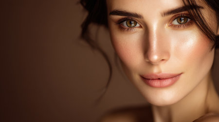 A stunning close-up portrait highlighting a young woman's radiant skin and enchanting eyes, perfect for themes related to beauty, skincare, and elegance.の素材
