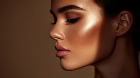 Captivating side profile of a woman showcasing flawless makeup with a glowing finish. The warm lighting accentuates her delicate features and natural beauty.の素材