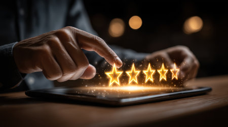 A close-up view of hands interacting with a tablet, illustrating digital glowing stars to symbolize ratings, showcases modern customer feedback and technology interaction.の素材