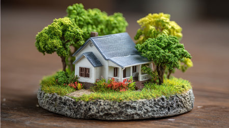 This exquisite miniature model presents a charming house embraced by vibrant trees and lush grass, perfect for enhancing interiors or as a decorative element in artistic displays.の素材