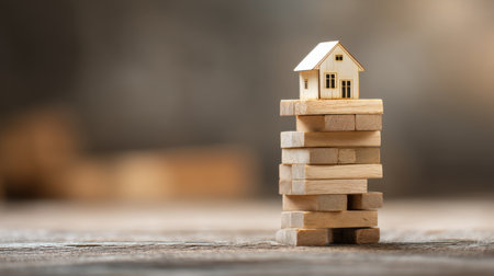 A creative arrangement of stacked wooden blocks featuring a miniature house. This image symbolizes investment in the housing market and real estate concepts.の素材