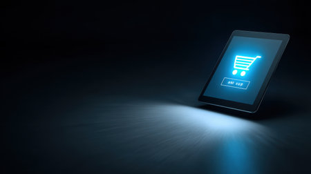 A sleek tablet showcasing a luminous shopping cart icon, representing the growth of online shopping in a minimalist, dark setting. Perfect for e-commerce themes.の素材