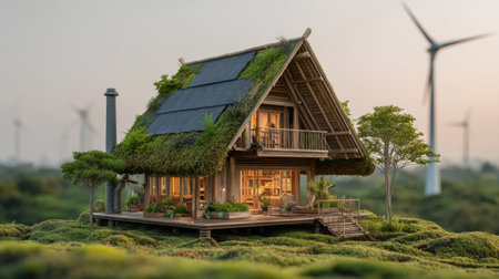 Beautiful modern house blends seamlessly with nature, featuring lush greenery and renewable energy sources, ideal for eco-conscious living in serene surroundings.の素材