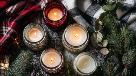 A beautiful arrangement of various scented candles with eucalyptus and evergreen branches creates a cozy and inviting atmosphere, perfect for any setting.の素材