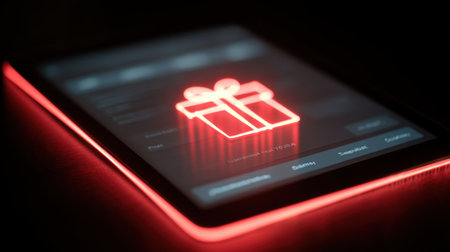 A digital tablet featuring a glowing gift icon, perfect for showcasing modern technology in holiday promotions and marketing materials, inspiring celebration and joy.の素材
