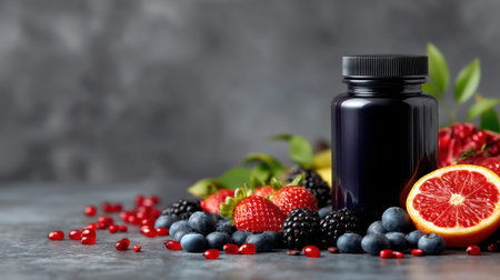 A visually appealing arrangement featuring a dark bottle amidst fresh berries and vibrant fruits. Ideal for health-related concepts and lifestyle imagery.の素材