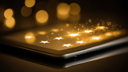 A stunning tablet screen displays glimmering stars and soft bokeh lights, creating a magical ambiance perfect for digital art and technology themes.の素材