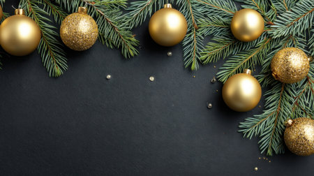 This image features golden Christmas ornaments nestled among lush pine branches, set against a dark background, creating an elegant and festive ambiance perfect for holiday celebrations.の素材