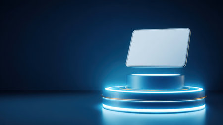 A modern display stand featuring a floating panel surrounded by neon lights, set in a dark environment, perfect for product showcases and marketing purposes.の素材