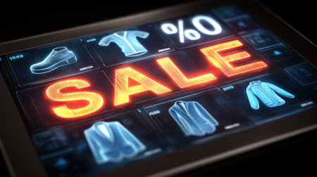 A vivid digital tablet showcases a fashion sale with striking red text and various clothing items displayed, perfect for modern retail advertising and marketing visuals.の素材