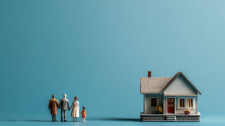 A family stands together in front of a small model house on a light blue background, capturing the essence of home, unity, and the journey of togetherness in a minimalist style.の素材