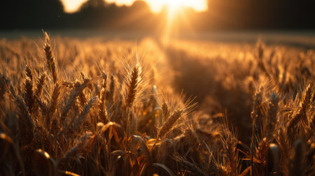 A golden wheat field bathed in sunset light, capturing the beauty of nature during harvest season. Sun rays illuminate the grain, creating a tranquil atmosphere.の素材