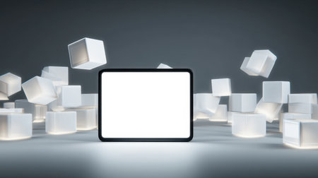 A modern digital tablet with a blank screen stands prominently against a dark backdrop, surrounded by illuminated white cubes, offering endless creative possibilities.の素材