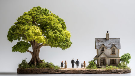 A whimsical miniature scene showcases a family walking towards their charming house beside a lush tree, representing warmth, connection, and the beauty of home life.の素材
