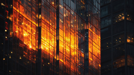 Captivating reflection of a warm sunset on a sleek glass building, showcasing the unique interplay between architecture and natural light in an urban environment.の素材