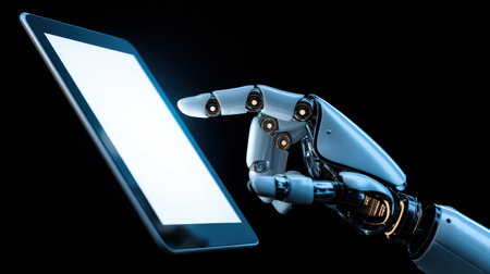 A close-up view of a robotic hand reaching out to engage with a digital tablet, symbolizing the fusion of advanced technology and daily interactions in modern society.の素材