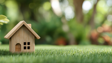 A charming miniature wooden house sits on lush green grass, surrounded by vibrant garden scenery, representing creativity and serenity in nature's embrace.の素材