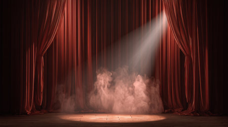 This captivating image depicts a dramatic theater stage with rich red curtains and a spotlight creating an enchanting atmosphere, perfect for performances and artistic events.の素材