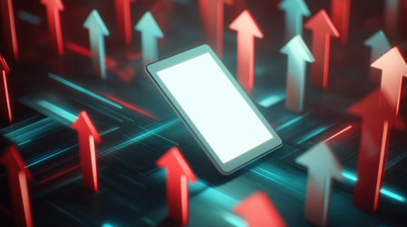 This visually striking image features a smartphone at the center, surrounded by arrows symbolizing progress and innovation in technology, perfect for various creative projects.の素材