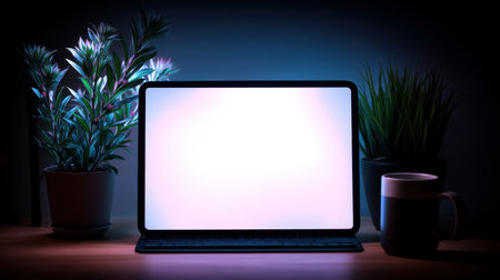 A modern workspace scene featuring a laptop, potted plants, and a coffee cup, creating an inspiring and calming environment for productivity and creativity.の素材
