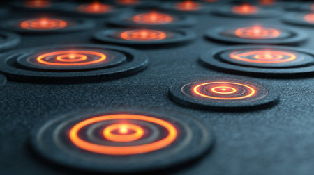 Explore the intricate design of glowing circular heating elements on a textured surface, showcasing modern technology and innovative concepts for diverse applications.の素材