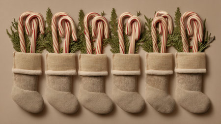 A lovely arrangement of cozy Christmas stockings filled with candy canes and fresh greenery, creating a cheerful and festive atmosphere for holiday decorations.の素材