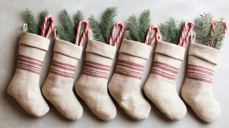 A charming arrangement of cozy Christmas stockings filled with candy canes and evergreen branches, perfect for holiday decoration and festive ambiance.の素材