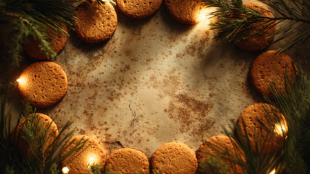A warm and inviting display featuring round cookies arranged in a circle, accented by pine branches and gentle glowing lights, perfect for festive gatherings.の素材