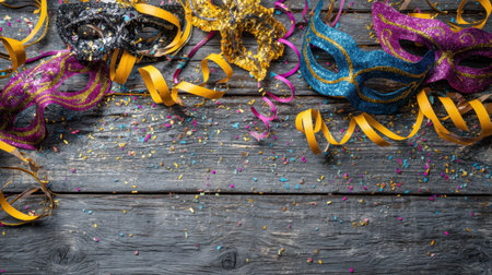 Vibrant and colorful masks along with festive decorations on a rustic wooden surface create a lively atmosphere for parties and celebrations. Perfect for event designs!の素材