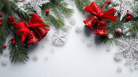 A beautiful holiday arrangement featuring red bells and green pine branches with white snowflakes, perfect for capturing the festive spirit of winter celebrations.の素材