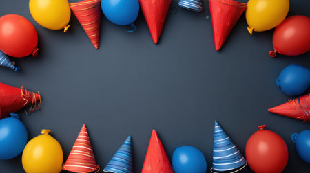 Brightly colored party hats and balloons create a vibrant border on a dark grey background, perfect for adding a festive touch to any celebration or event.の素材