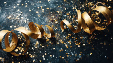 A close-up view of golden spiral ribbons intertwined with shimmering confetti on a dark surface, creating a festive ambiance perfect for various celebratory events.の素材