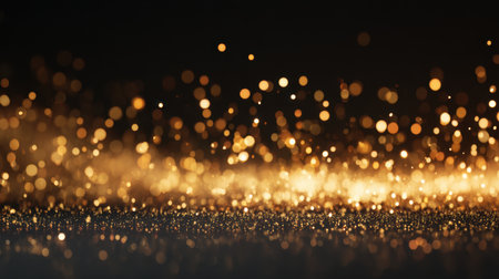 Golden sparkle creates a stunning bokeh effect against a dark backdrop, perfect for events, holidays, or artistic projects, adding a touch of elegance and vibrancy.の素材