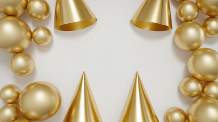 Golden cones and spheres create an elegant and festive atmosphere, perfect for any celebration. This composition captures a joyful mood for creative design projects.の素材