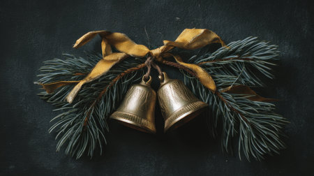 A charming arrangement featuring two brass bells tied with a yellow ribbon hanging from pine sprigs, set against a dark background, perfect for holiday decor inspiration.の素材